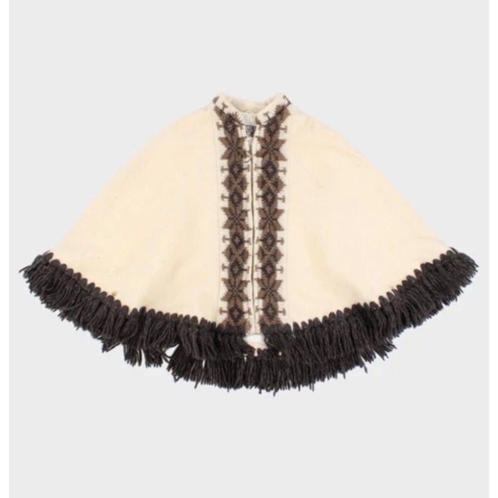 Vintage Icelandic Arts Wool Cape Fringe Zip Front Cream Brown Fair Isle Sz 6
